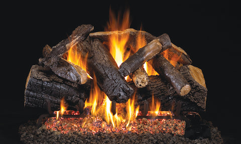 Charred Majestic Oak logs with P45 Dual Burner Flame System and Logs